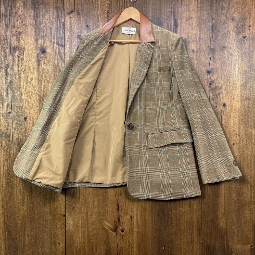 Steve Madden Plaid Blazer Faux Leather Collar Tan Brown Glen Check Size LARGE